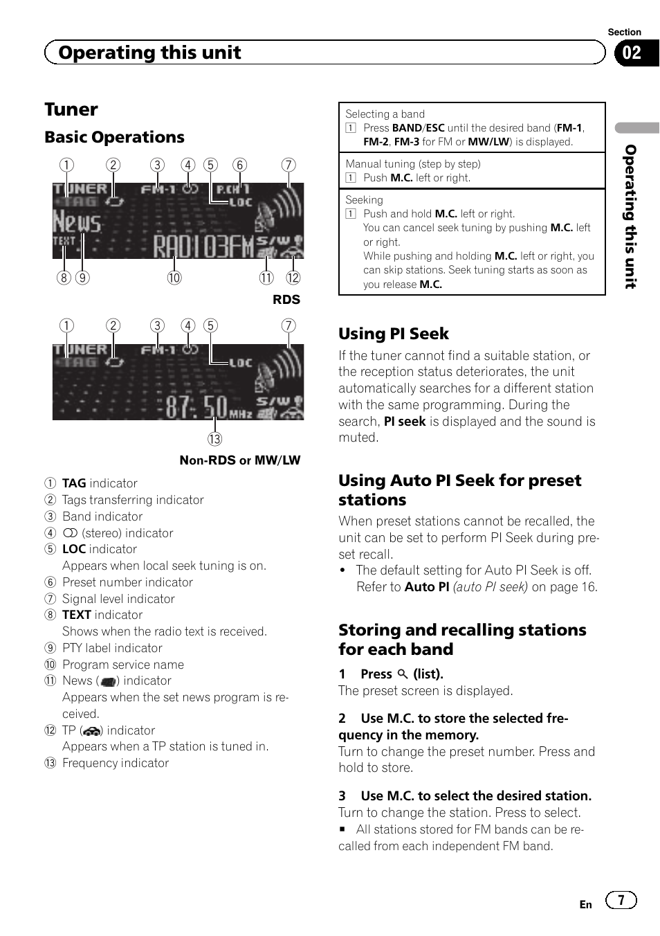 Tuner, Operating this unit, Basic operations | Using pi seek, Using auto pi seek for preset stations, Storing and recalling stations for each band | Pioneer DEH-8300SD User Manual | Page 7 / 28