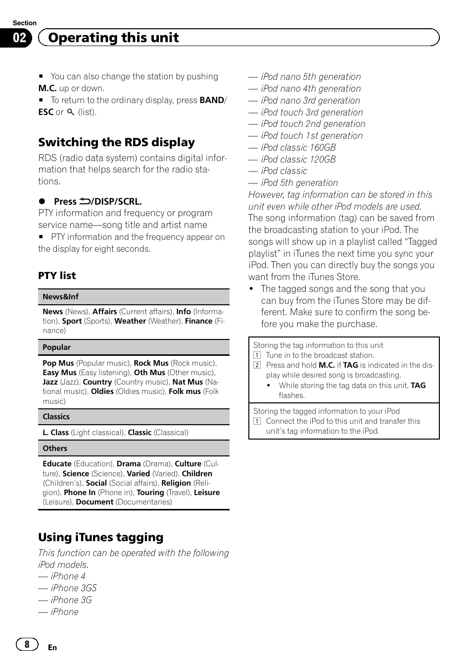 02 operating this unit, Switching the rds display, Using itunes tagging | Pioneer DEH-8300SD User Manual | Page 8 / 28