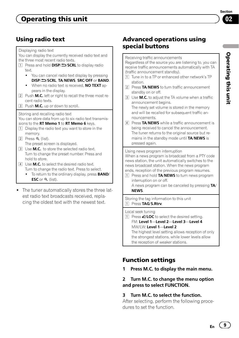 Using radio text, Advanced operations using special buttons, Function settings | Operating this unit | Pioneer DEH-8300SD User Manual | Page 9 / 28