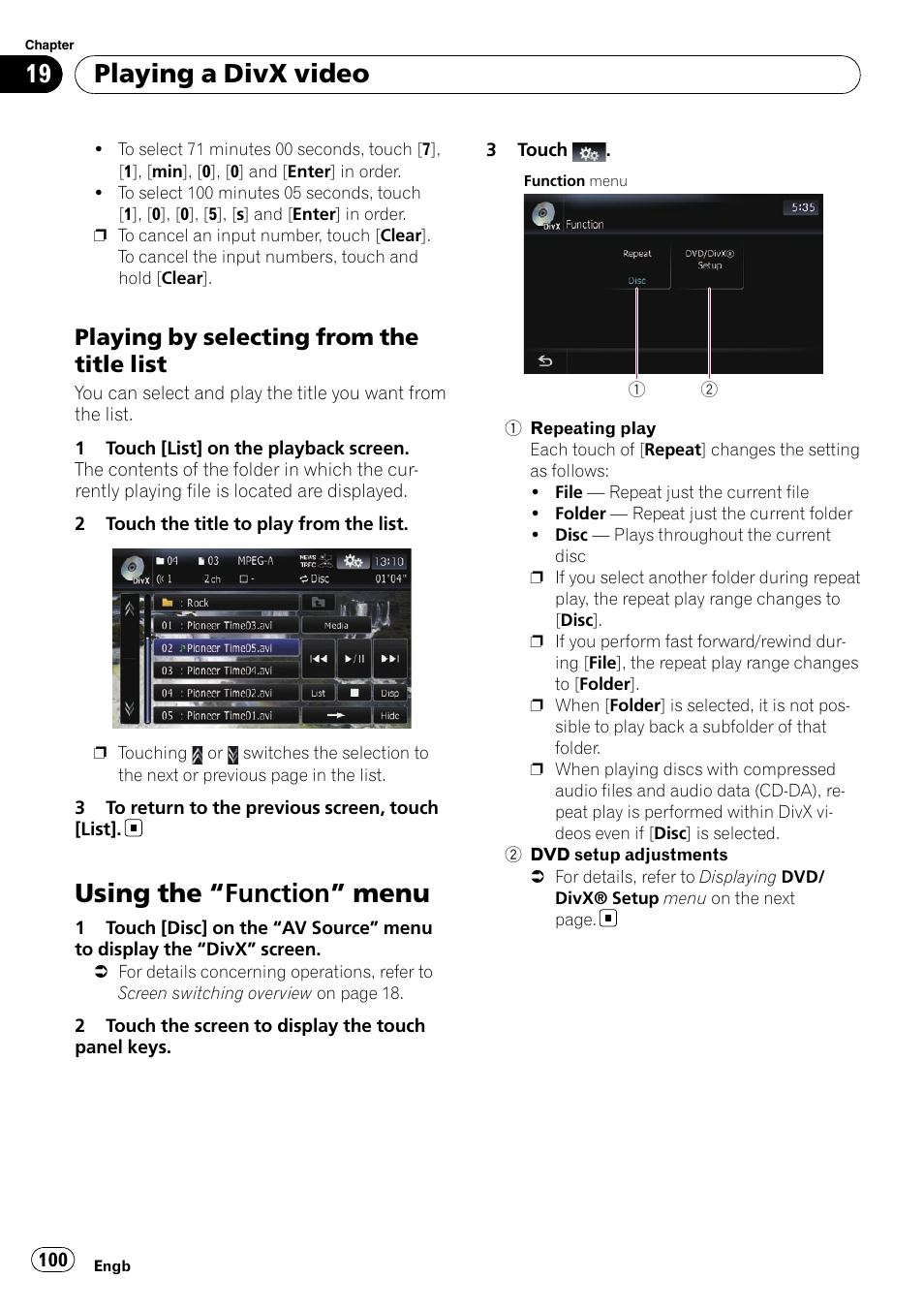 Playing by selecting from the title, List, Using the | Function” menu 100, Using the “function” menu, Playing a divx video, Playing by selecting from the title list | Pioneer AVIC-F10BT User Manual | Page 100 / 172