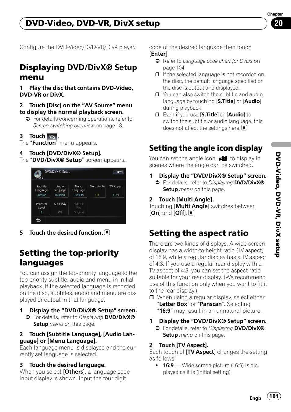 Setting the top-priority languages, Setting the angle icon display, Setting the aspect ratio | Setting the angle icon, Displaying dvd/divx® setup menu, Dvd-video, dvd-vr, divx setup | Pioneer AVIC-F10BT User Manual | Page 101 / 172