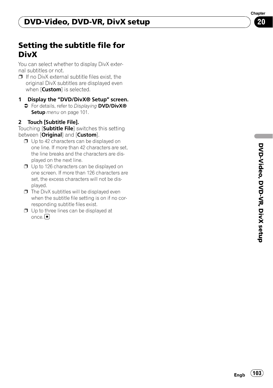 Setting the subtitle file for divx, Dvd-video, dvd-vr, divx setup | Pioneer AVIC-F10BT User Manual | Page 103 / 172