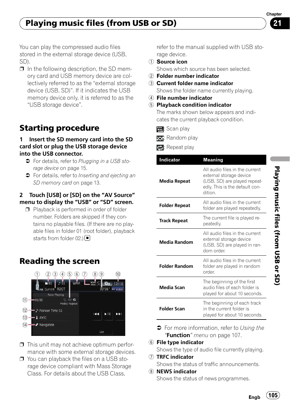 Reading the screen, Starting procedure, Playing music files (from usb or sd) | Pioneer AVIC-F10BT User Manual | Page 105 / 172