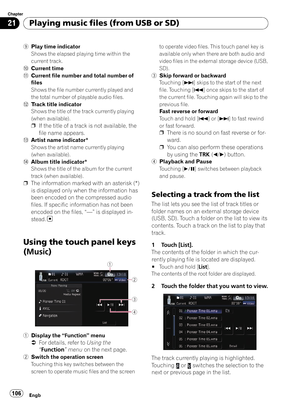 Using the touch panel keys (music), Selecting a track from the list 106, Playing music files (from usb or sd) | Selecting a track from the list | Pioneer AVIC-F10BT User Manual | Page 106 / 172