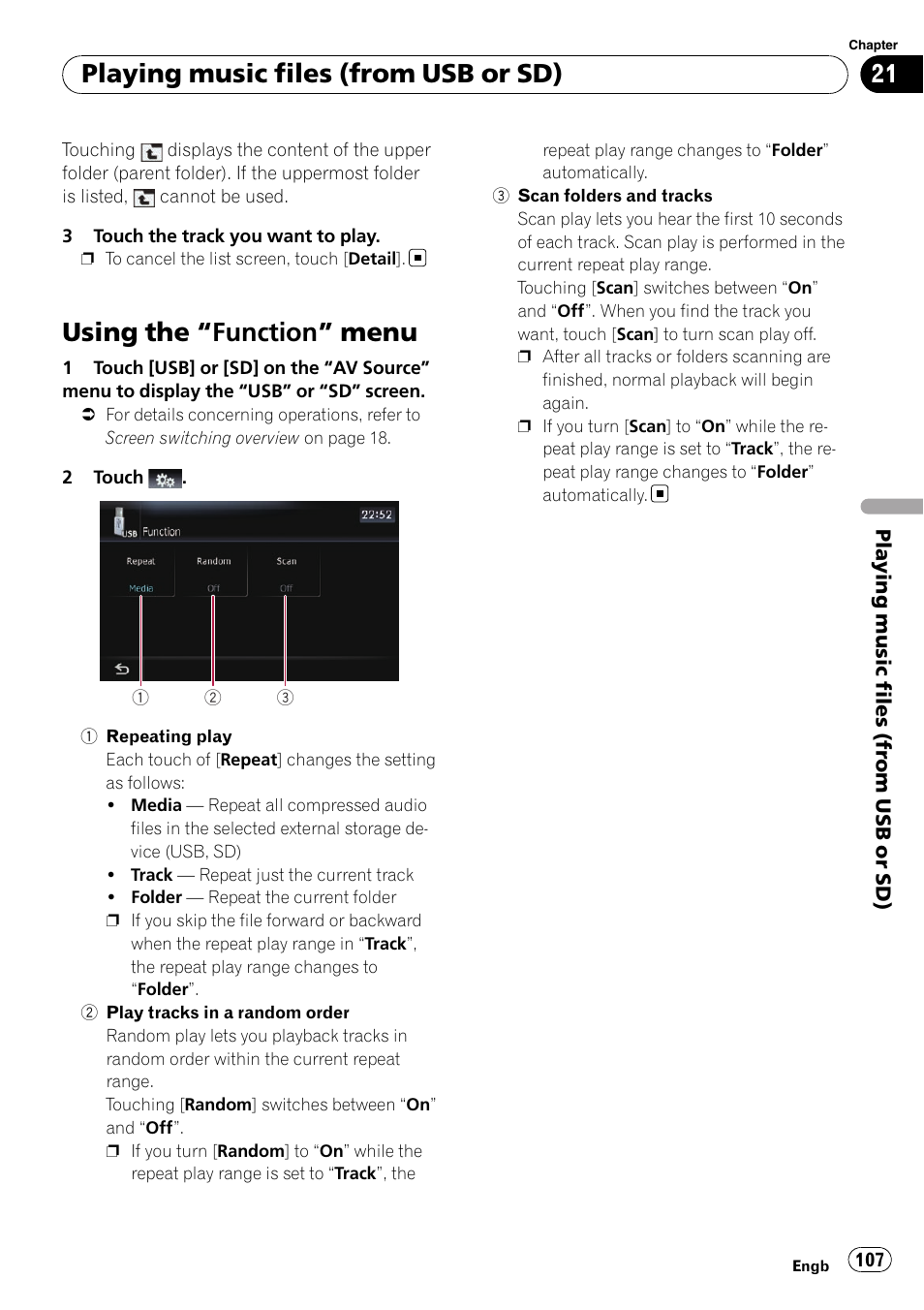 Using the, Function” menu 107, Using the “function” menu | Playing music files (from usb or sd) | Pioneer AVIC-F10BT User Manual | Page 107 / 172