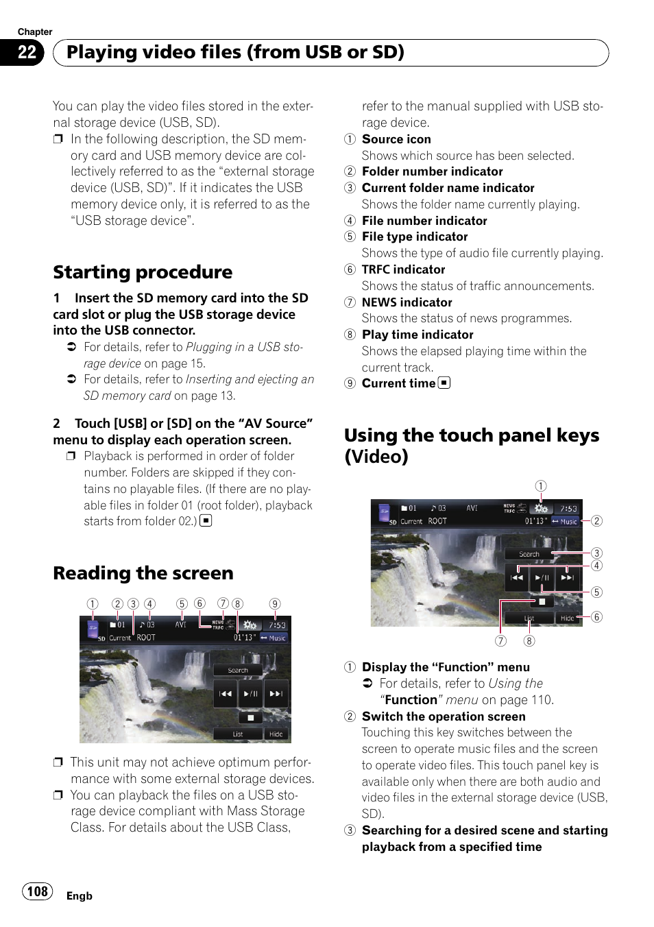 Reading the screen, Using the touch panel keys (video), Starting procedure | Playing video files (from usb or sd) | Pioneer AVIC-F10BT User Manual | Page 108 / 172