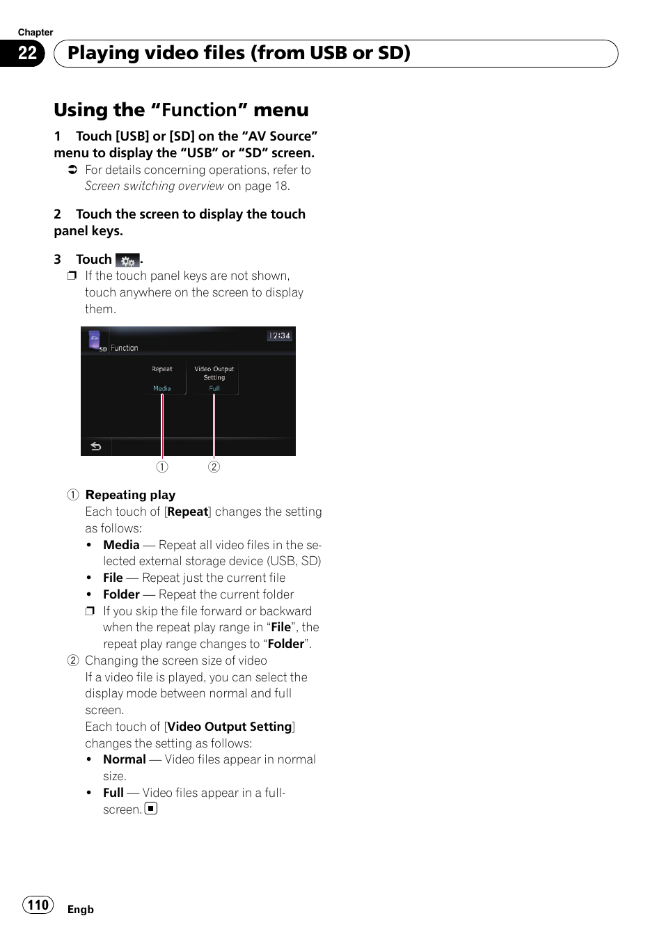 Using the, Function” menu 110, Using the “function” menu | Playing video files (from usb or sd) | Pioneer AVIC-F10BT User Manual | Page 110 / 172
