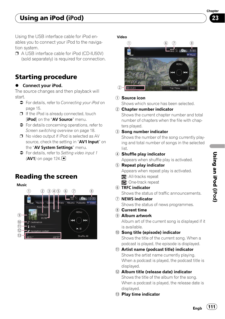 Using an ipod (ipod) starting procedure, Reading the screen, Starting procedure | Using an ipod (ipod) | Pioneer AVIC-F10BT User Manual | Page 111 / 172
