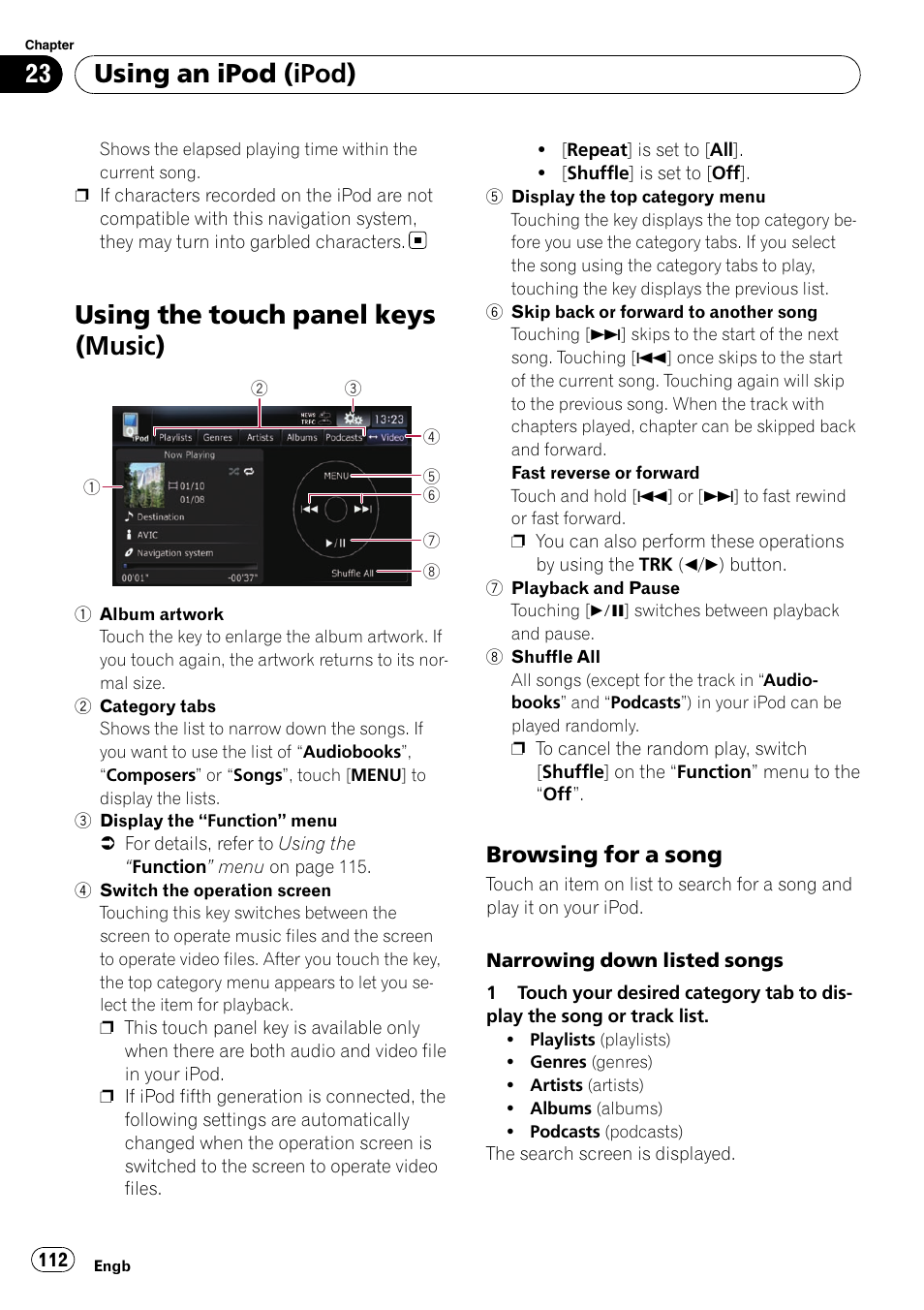 Using the touch panel keys (music), Browsing for a song 112, Using an ipod (ipod) | Browsing for a song | Pioneer AVIC-F10BT User Manual | Page 112 / 172