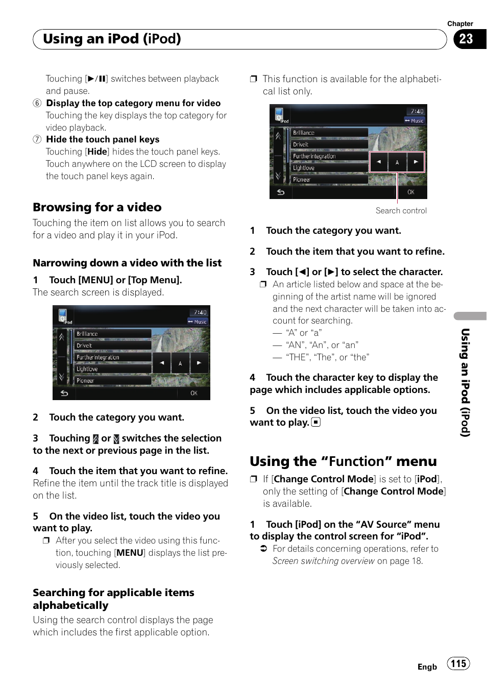 Browsing for a video 115, Using the, Function” menu 115 | Using the “function” menu, Using an ipod (ipod), Browsing for a video | Pioneer AVIC-F10BT User Manual | Page 115 / 172