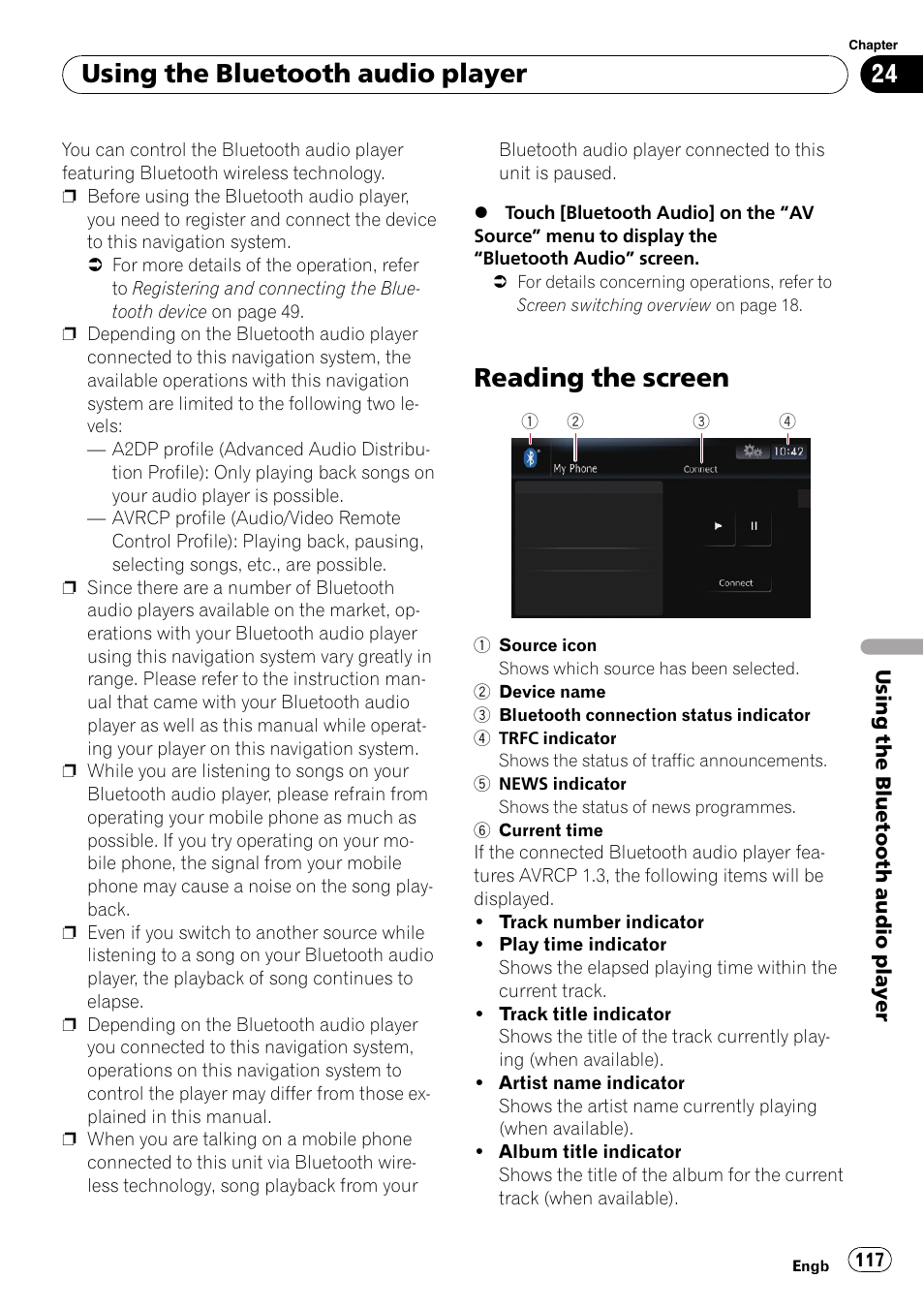 Reading the screen, Using the bluetooth audio player | Pioneer AVIC-F10BT User Manual | Page 117 / 172
