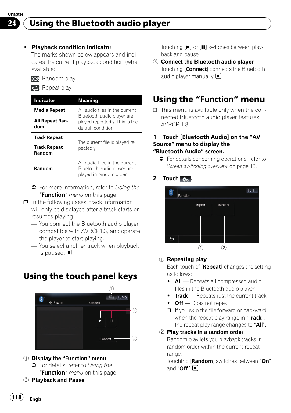 Using the touch panel keys, Using the, Function” menu 118 | Using the “function” menu, Using the bluetooth audio player | Pioneer AVIC-F10BT User Manual | Page 118 / 172