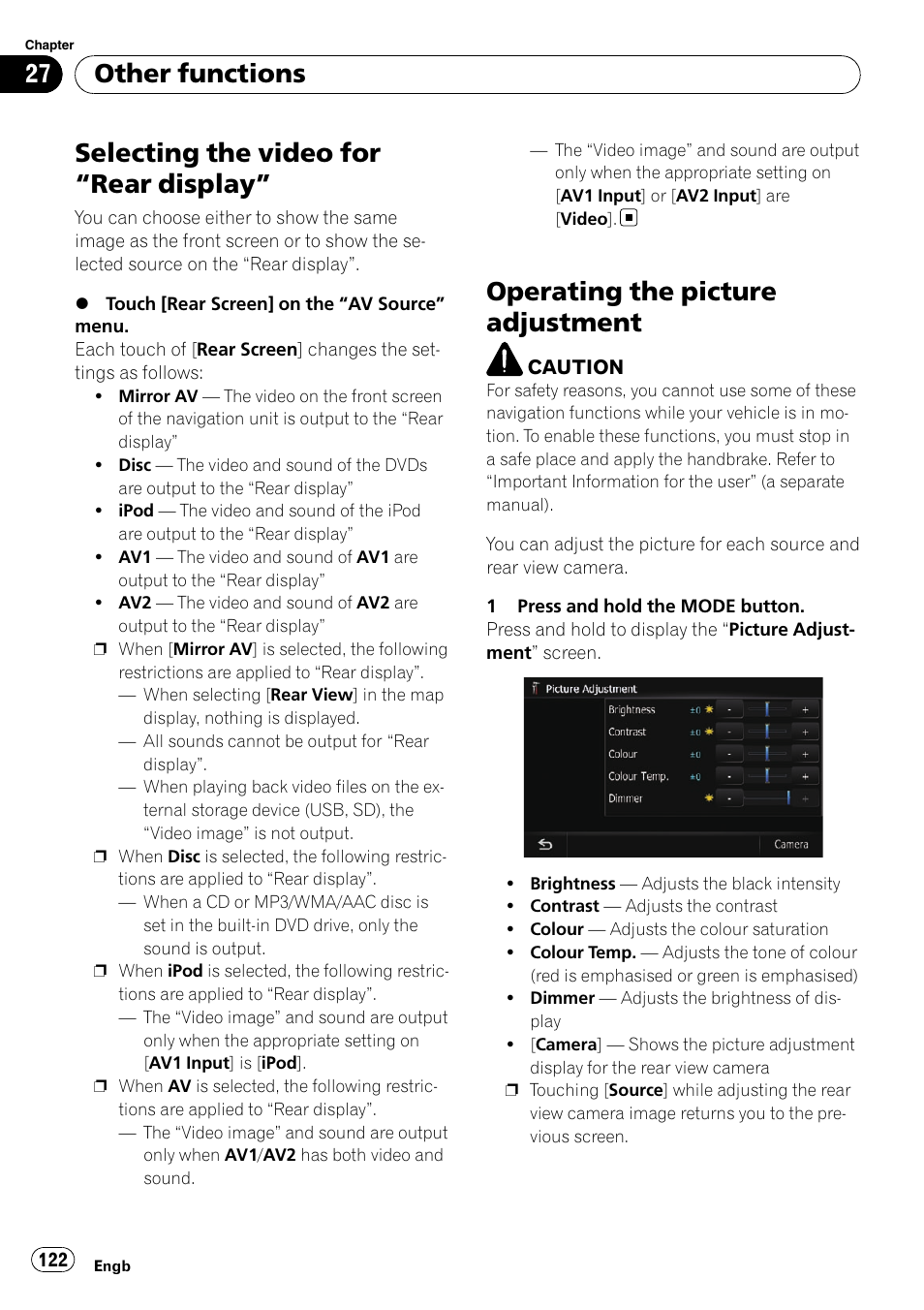 Other functions selecting the video for, Rear display” 122, Operating the picture adjustment | Operating the pic, Selecting the video for “rear display, Other functions | Pioneer AVIC-F10BT User Manual | Page 122 / 172