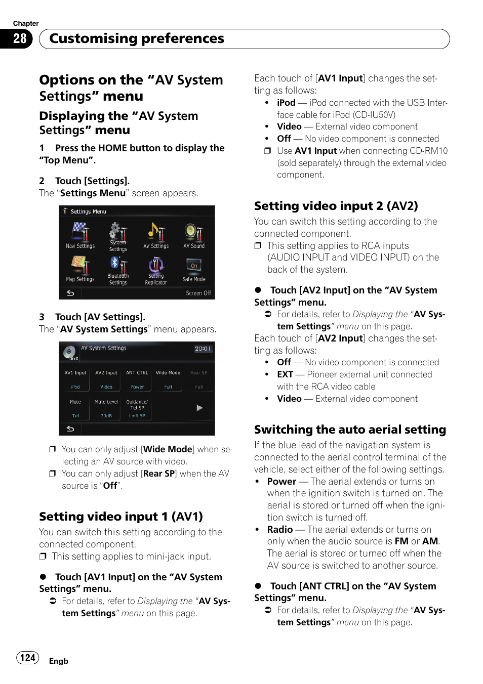 Customising preferences options on the, Av system settings, Menu | Displaying the “av system settings, Setting video input 1 (av1) 124, Setting video input 2 (av2) 124, Switching the auto aerial setting 124, Setting video input 1, Setting video input 2, Options on the “av system settings ” menu | Pioneer AVIC-F10BT User Manual | Page 124 / 172