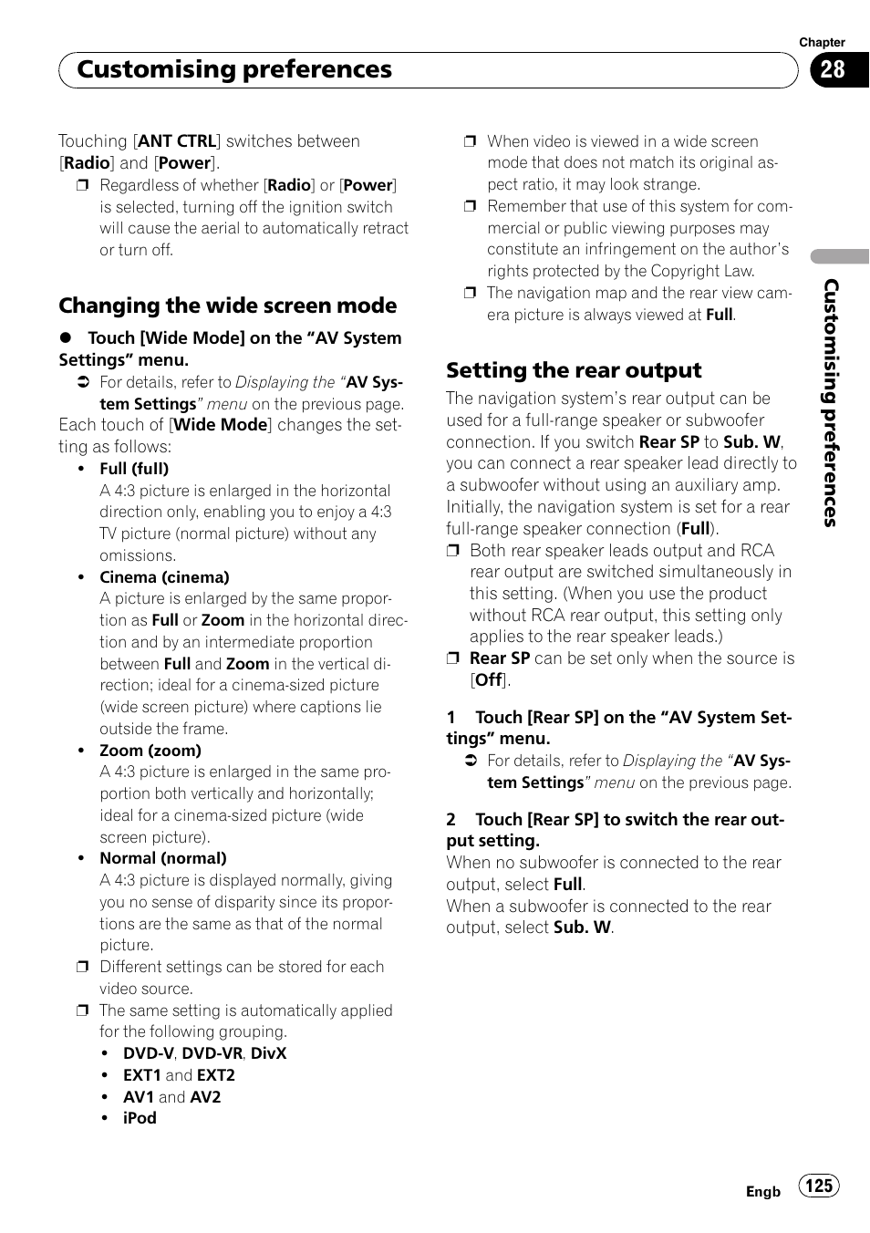 Changing the wide screen mode 125, Setting the rear output 125, Customising preferences | Changing the wide screen mode, Setting the rear output | Pioneer AVIC-F10BT User Manual | Page 125 / 172