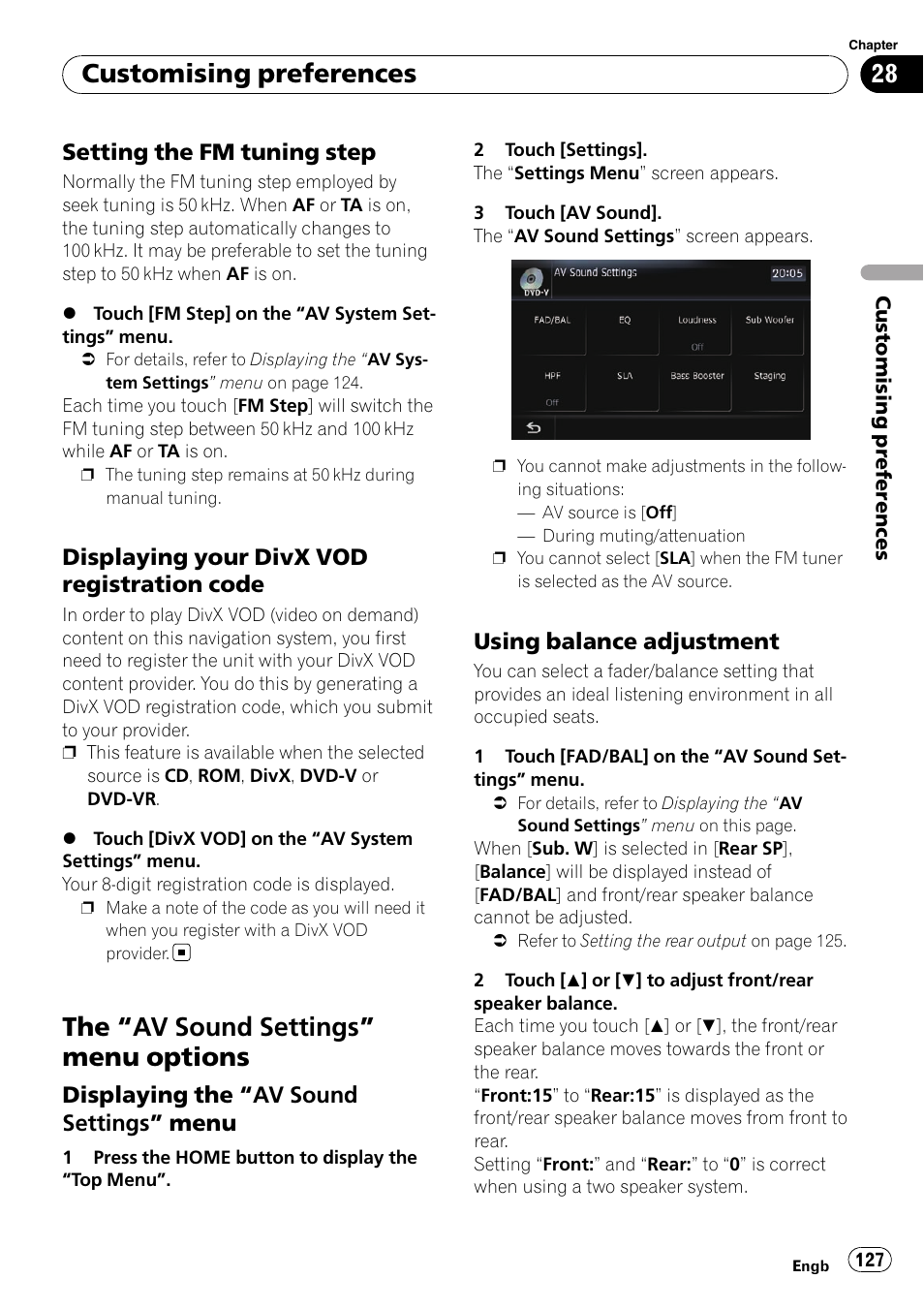Setting the fm tuning step 127, Displaying your divx vod registration, Code | Av sound settings” menu options 127, Displaying the “av sound settings, Menu, Using balance adjustment 127, The “av sound settings” menu options, Customising preferences | Pioneer AVIC-F10BT User Manual | Page 127 / 172