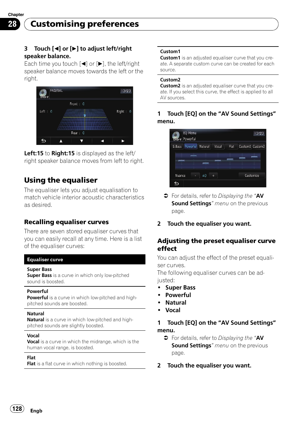 Using the equaliser 128, Customising preferences, Using the equaliser | Pioneer AVIC-F10BT User Manual | Page 128 / 172