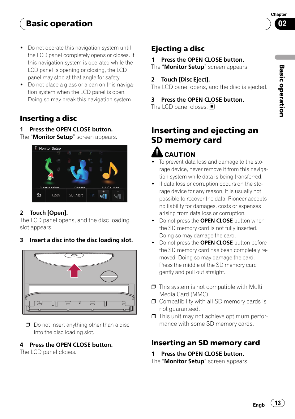 Inserting a disc 13, Ejecting a disc 13, Inserting and ejecting an sd memory | Card, Inserting an sd memory card 13, Basic operation, Inserting a disc, Ejecting a disc | Pioneer AVIC-F10BT User Manual | Page 13 / 172