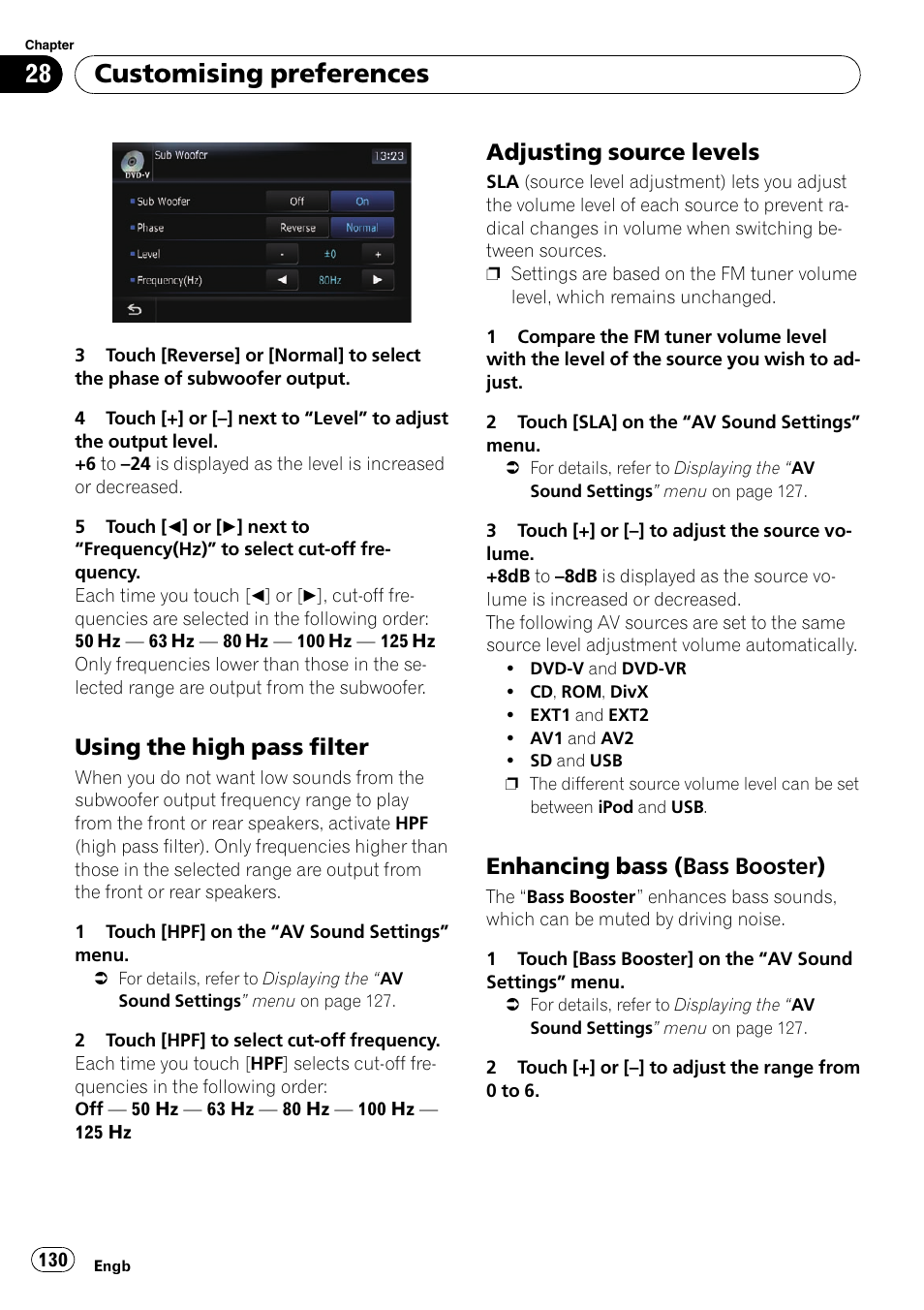 Using the high pass filter 130, Adjusting source levels 130, Enhancing bass (bass booster) 130 | Customising preferences, Using the high pass filter, Adjusting source levels, Enhancing bass (bass booster) | Pioneer AVIC-F10BT User Manual | Page 130 / 172