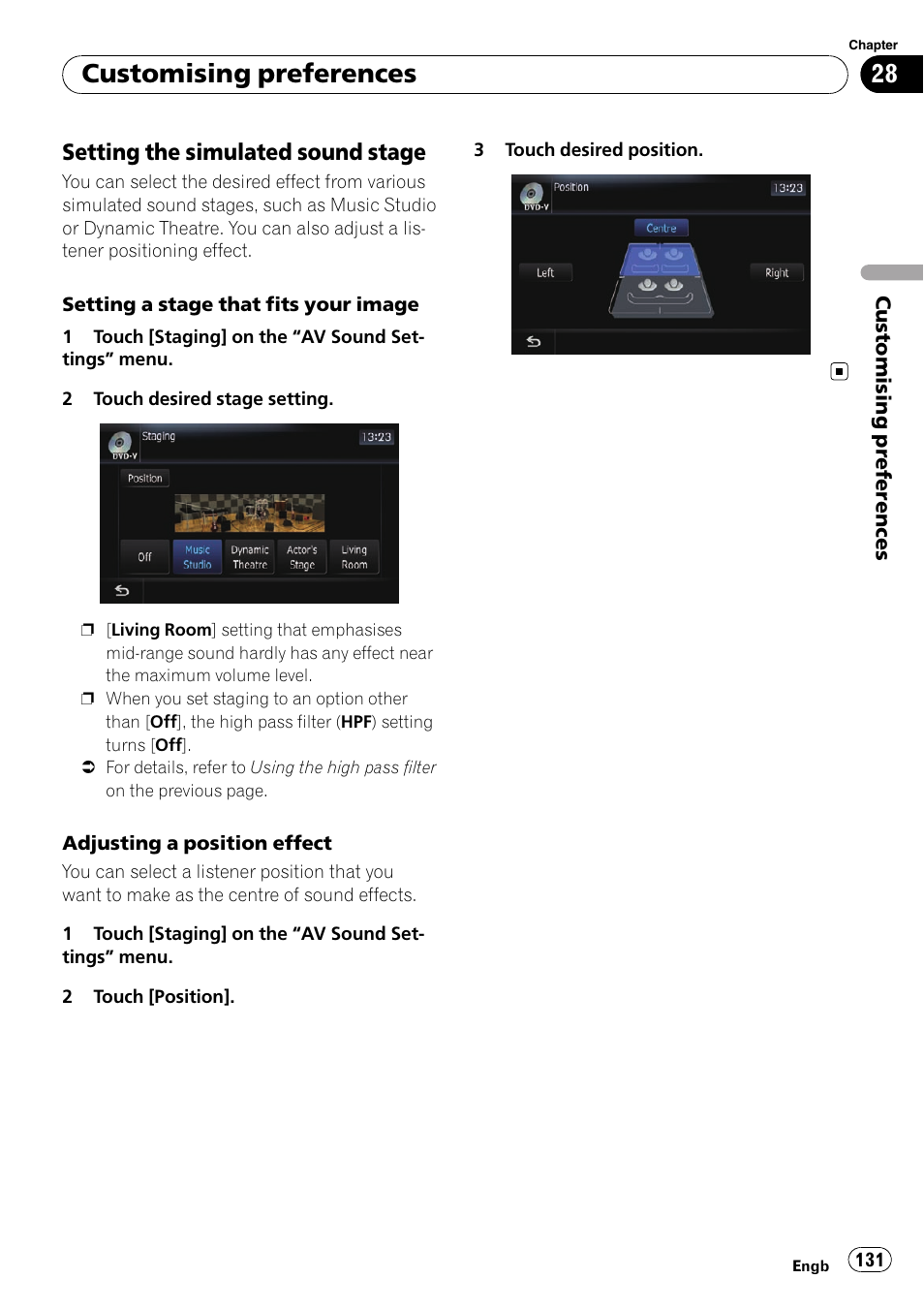 Setting the simulated sound, Stage, Customising preferences | Setting the simulated sound stage | Pioneer AVIC-F10BT User Manual | Page 131 / 172