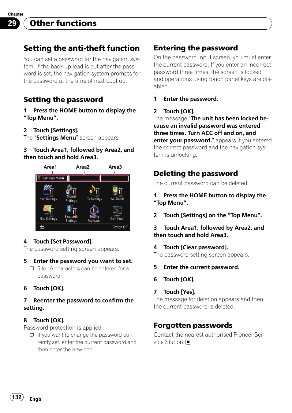 Other functions setting the anti-theft function, Setting the password 132, Entering the password 132 | Deleting the password 132, Forgotten passwords 132, Setting the anti-theft function, Other functions, Setting the password, Entering the password, Deleting the password | Pioneer AVIC-F10BT User Manual | Page 132 / 172