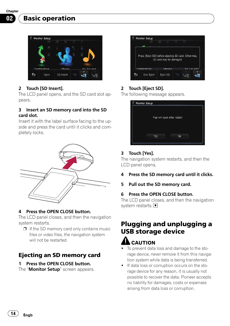 Ejecting an sd memory card 14, Plugging and unplugging a usb storage, Device | Plugging and unplugging a usb storage device, Basic operation | Pioneer AVIC-F10BT User Manual | Page 14 / 172