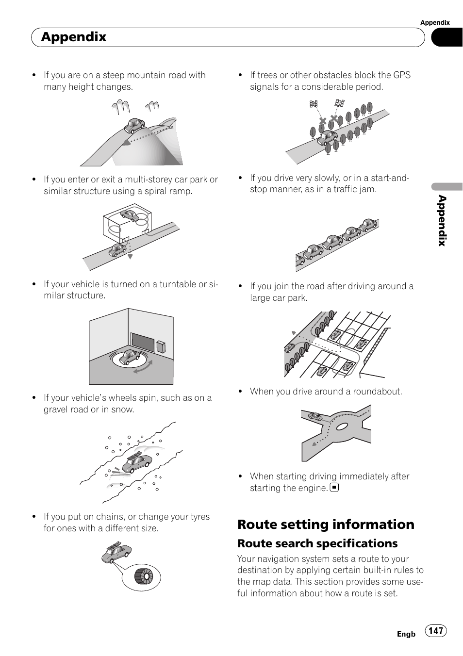 Route setting information, Route search specifications 147, Appendix | Route search specifications | Pioneer AVIC-F10BT User Manual | Page 147 / 172
