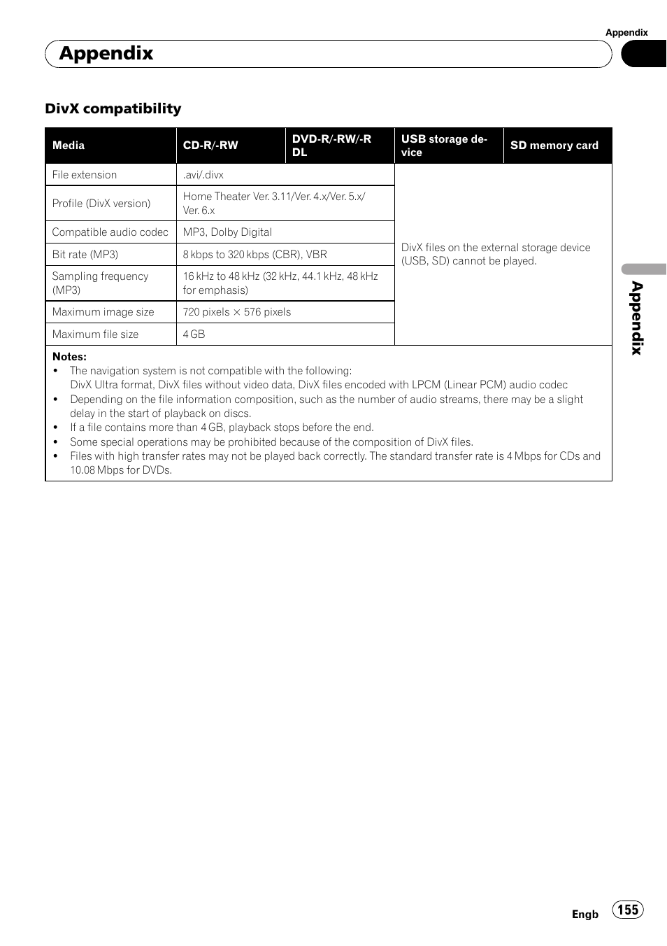 Appendix, Divx compatibility | Pioneer AVIC-F10BT User Manual | Page 155 / 172