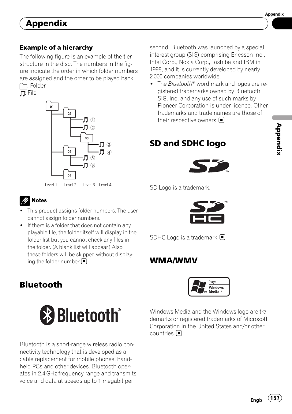 Bluetooth, Sd and sdhc logo, Wma/wmv | Appendix | Pioneer AVIC-F10BT User Manual | Page 157 / 172
