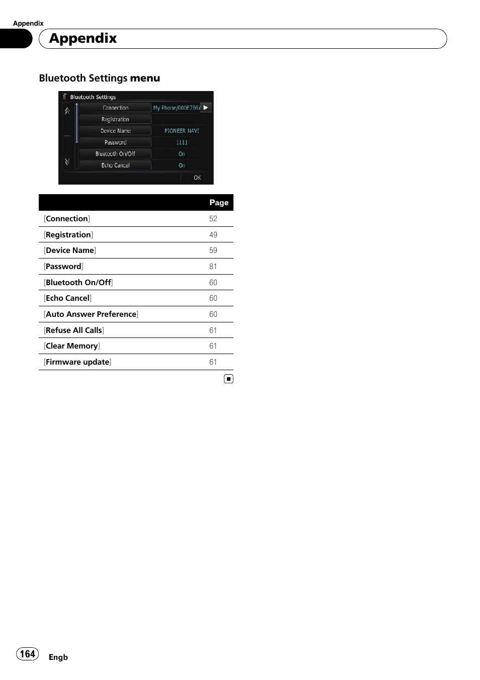 Appendix, Bluetooth settings menu | Pioneer AVIC-F10BT User Manual | Page 164 / 172