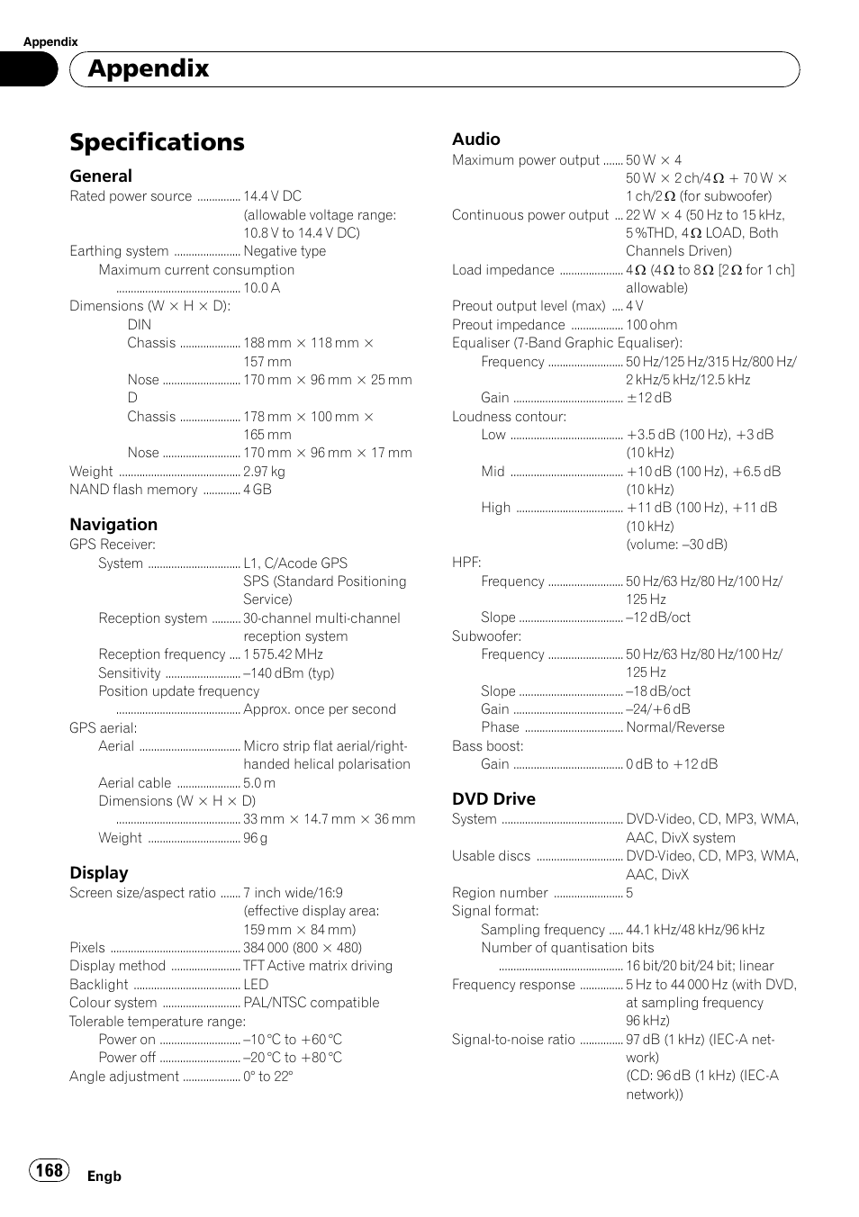 Specifications, Appendix, General | Navigation, Display, Audio, Dvd drive | Pioneer AVIC-F10BT User Manual | Page 168 / 172