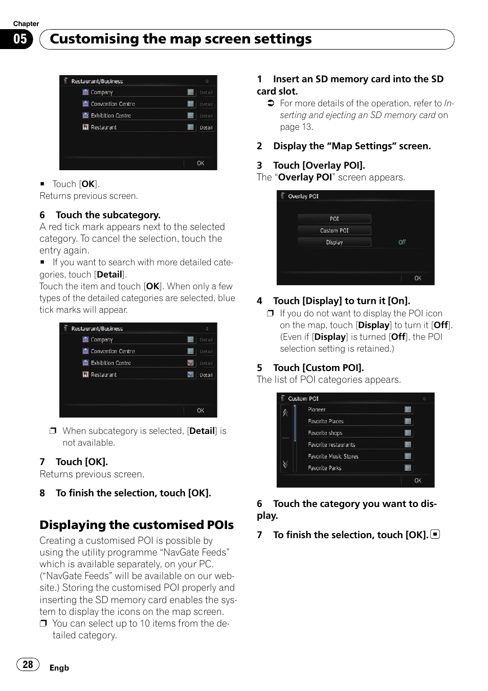 Displaying the customised pois 28, Customising the map screen settings, Displaying the customised pois | Pioneer AVIC-F10BT User Manual | Page 28 / 172