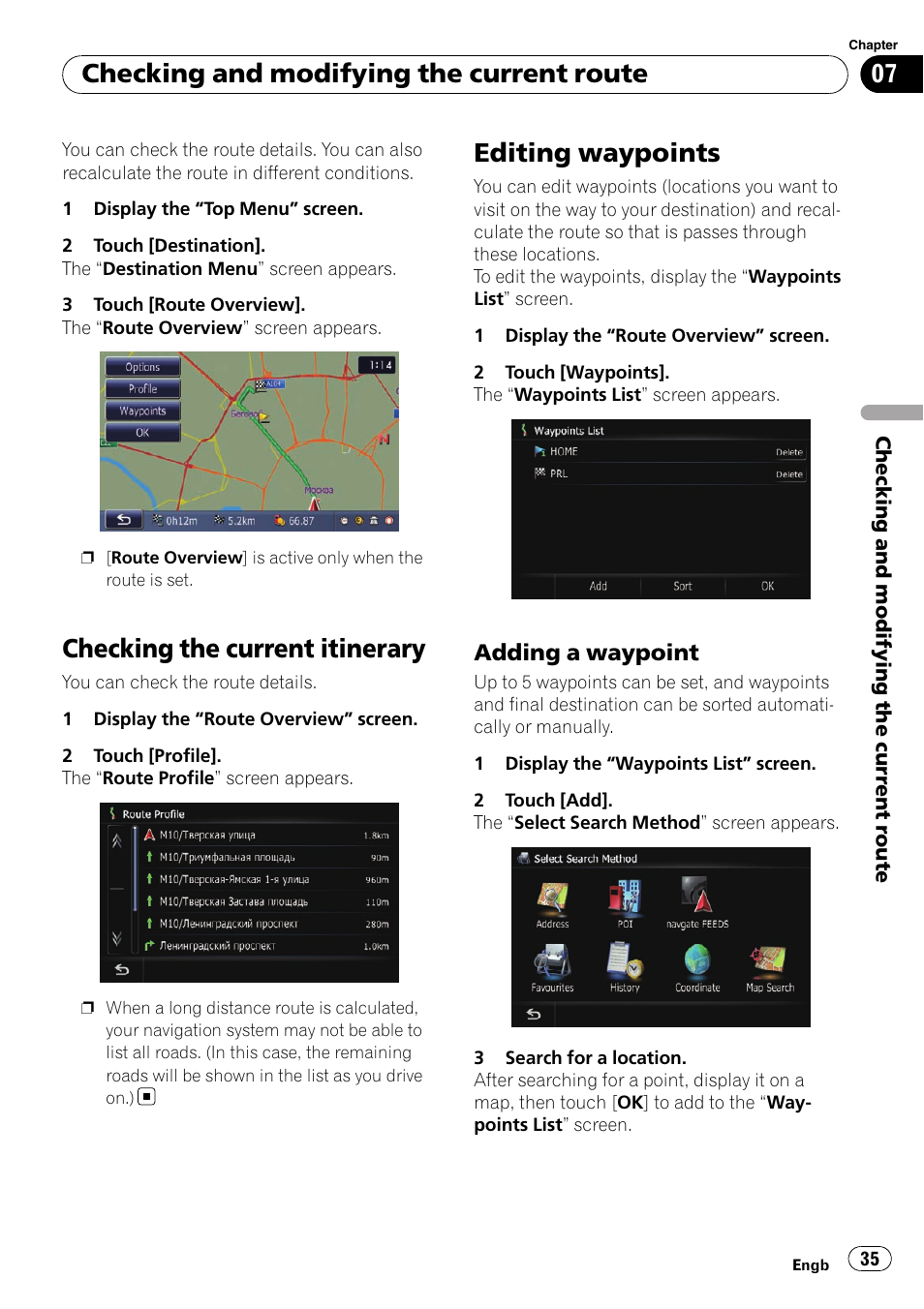 Editing waypoints, Adding a waypoint 35, Checking the current itinerary | Checking and modifying the current route, Adding a waypoint | Pioneer AVIC-F10BT User Manual | Page 35 / 172