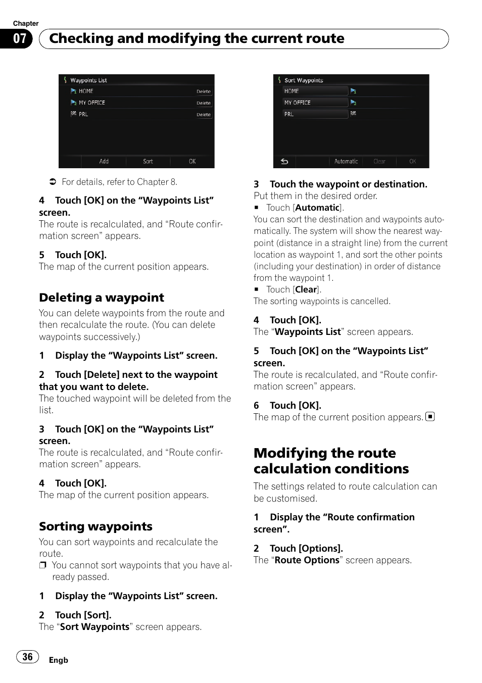 Deleting a waypoint 36, Sorting waypoints 36, Modifying the route calculation | Conditions, Modifying the route cal, Modifying the route calculation conditions, Checking and modifying the current route, Deleting a waypoint, Sorting waypoints | Pioneer AVIC-F10BT User Manual | Page 36 / 172