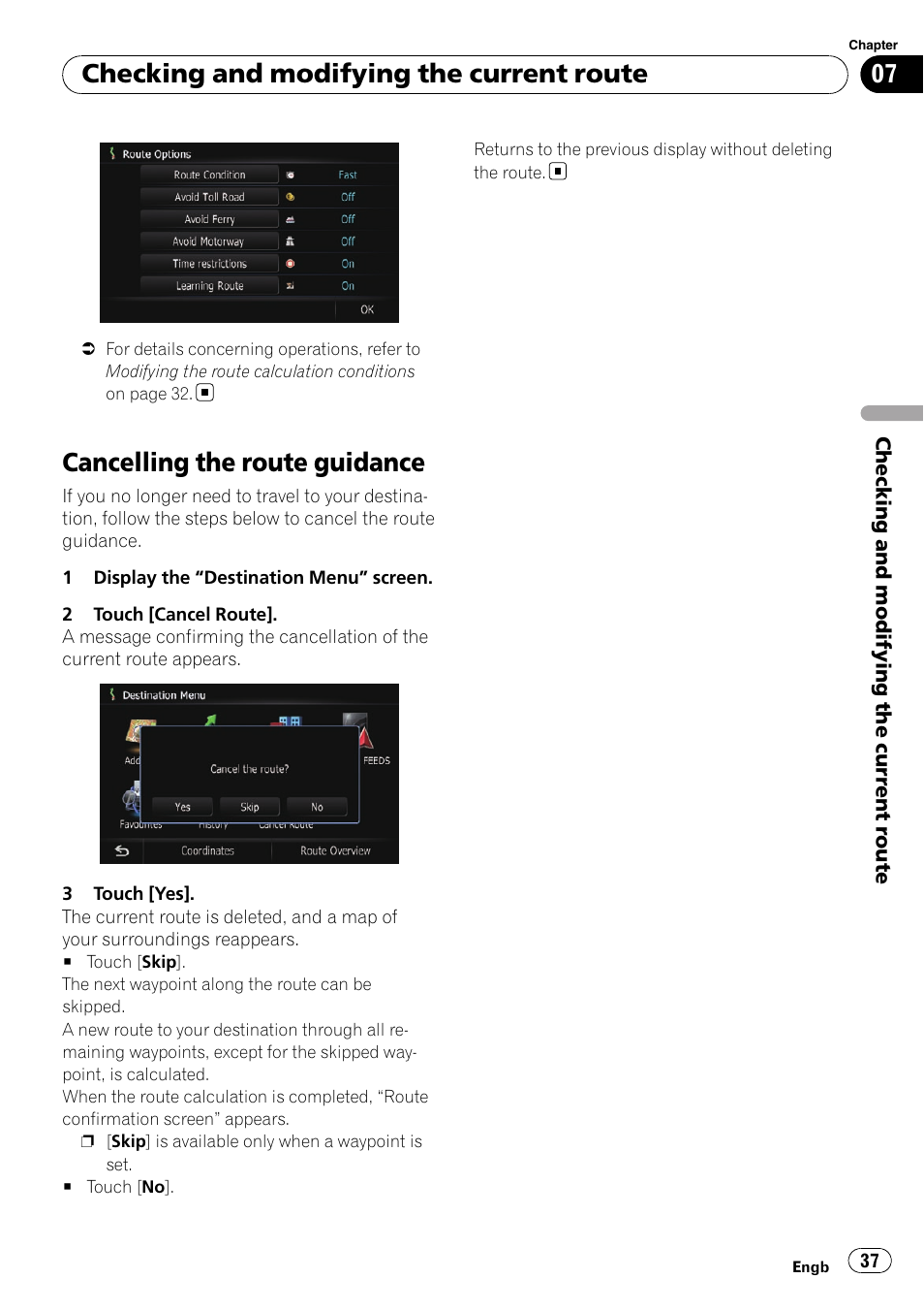 Cancelling the route guidance, Checking and modifying the current route | Pioneer AVIC-F10BT User Manual | Page 37 / 172