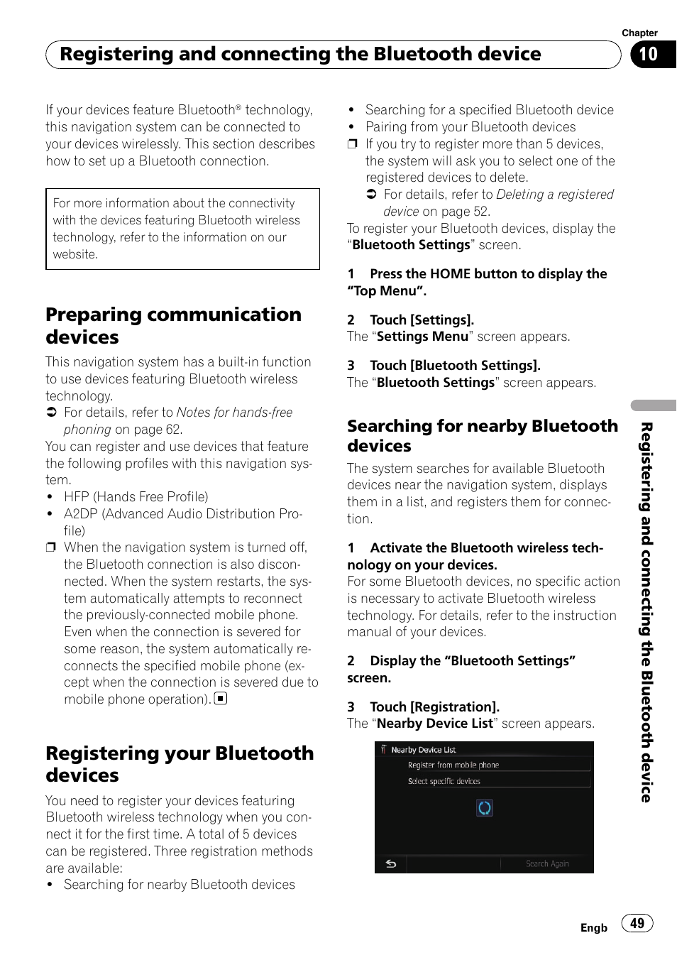 Registering your bluetooth devices, Searching for nearby bluetooth, Devices | Preparing communication devices, Registering and connecting the bluetooth device, Searching for nearby bluetooth devices | Pioneer AVIC-F10BT User Manual | Page 49 / 172