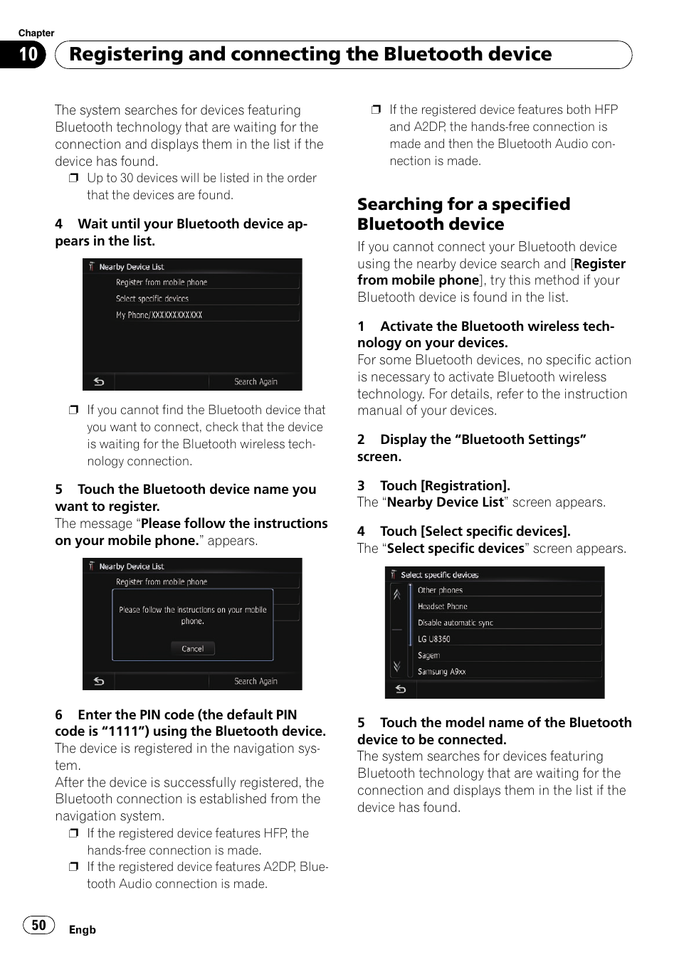 Searching for a specified bluetooth, Device, Registering and connecting the bluetooth device | Searching for a specified bluetooth device | Pioneer AVIC-F10BT User Manual | Page 50 / 172