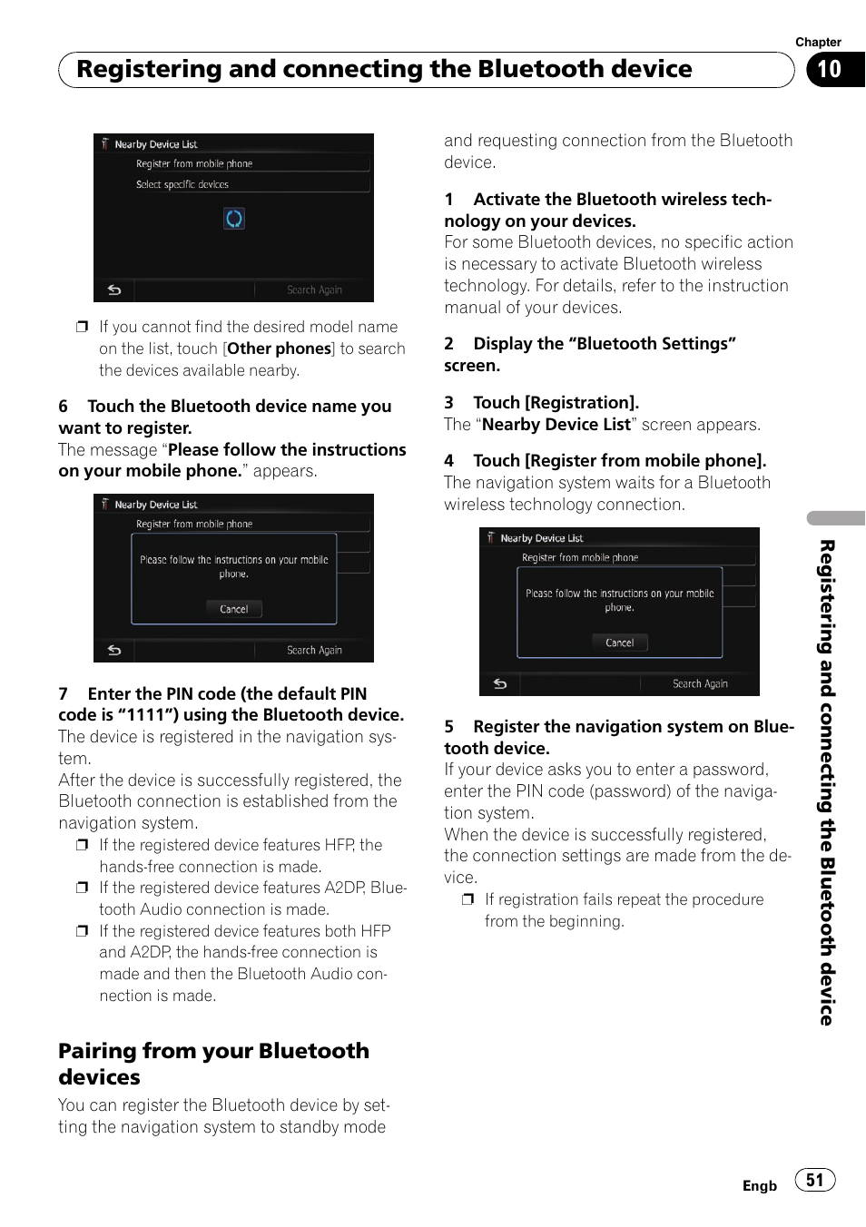 Pairing from your bluetooth, Devices, Registering and connecting the bluetooth device | Pairing from your bluetooth devices | Pioneer AVIC-F10BT User Manual | Page 51 / 172