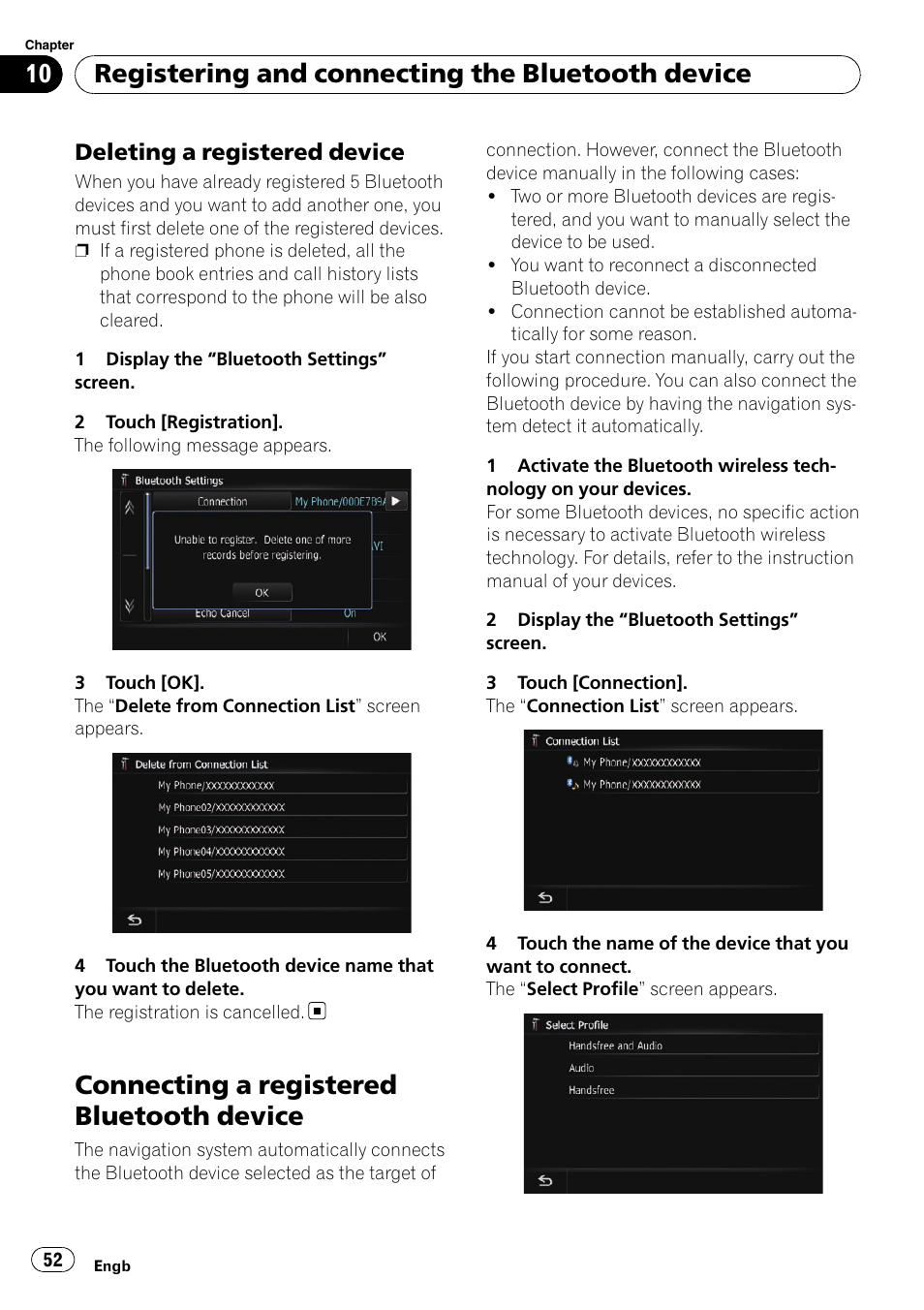 Deleting a registered device 52, Connecting a registered bluetooth, Device | Deleting a registered, Connecting a registered bluetooth device, Registering and connecting the bluetooth device, Deleting a registered device | Pioneer AVIC-F10BT User Manual | Page 52 / 172