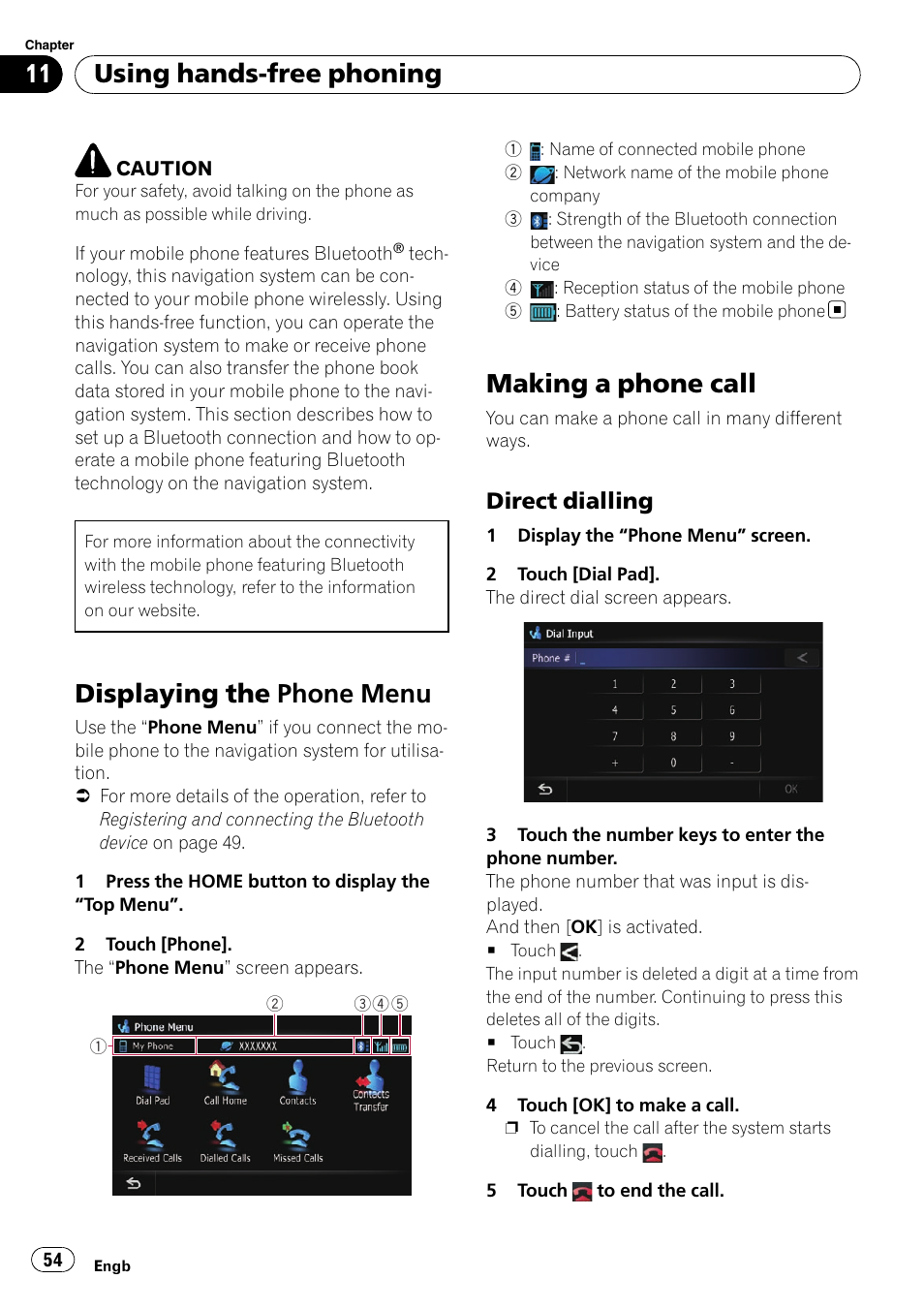 Using hands-free phoning displaying the phone menu, Making a phone call, Direct dialling 54 | Displaying the phone menu, Using hands-free phoning, Direct dialling | Pioneer AVIC-F10BT User Manual | Page 54 / 172