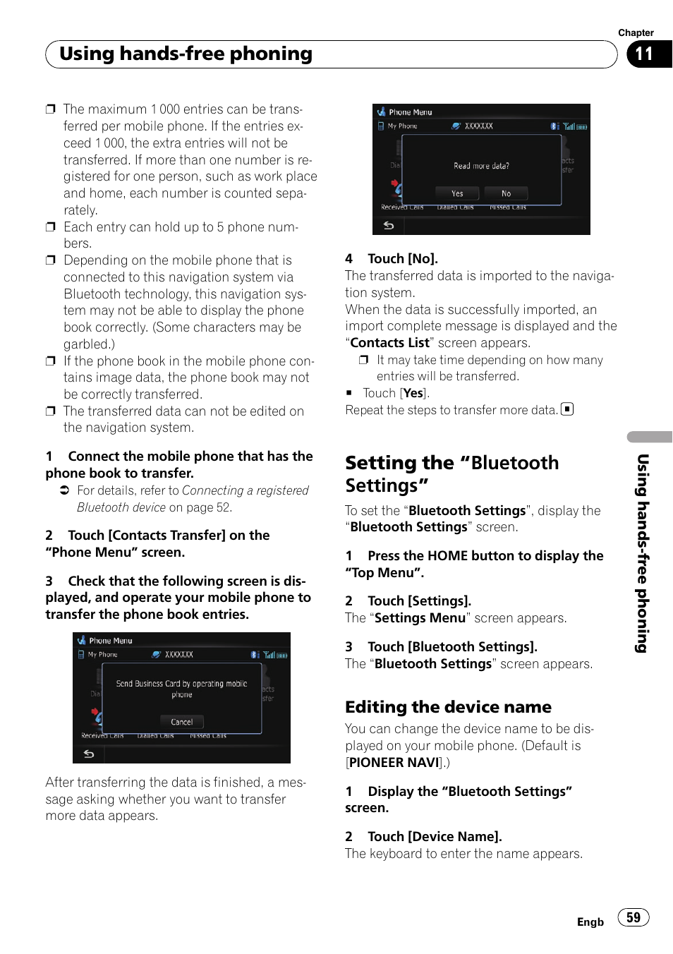 Setting the, Bluetooth settings” 59, Editing the device name 59 | Setting the “bluetooth settings, Using hands-free phoning | Pioneer AVIC-F10BT User Manual | Page 59 / 172