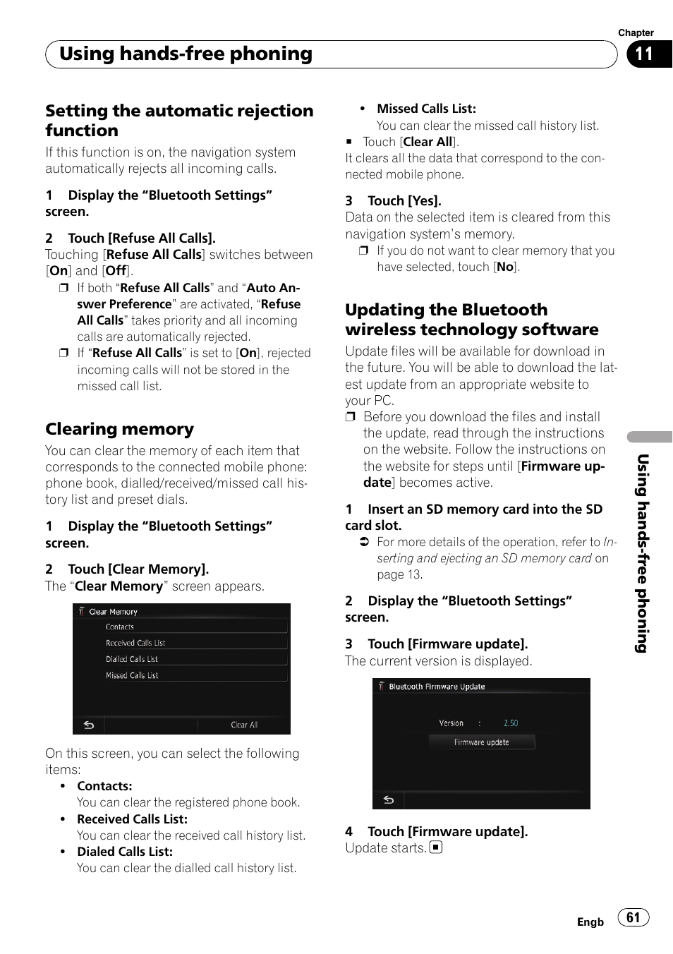 Setting the automatic rejection, Function, Clearing memory 61 | Updating the bluetooth wireless, Technology software, Setting the automatic re, Using hands-free phoning, Setting the automatic rejection function | Pioneer AVIC-F10BT User Manual | Page 61 / 172