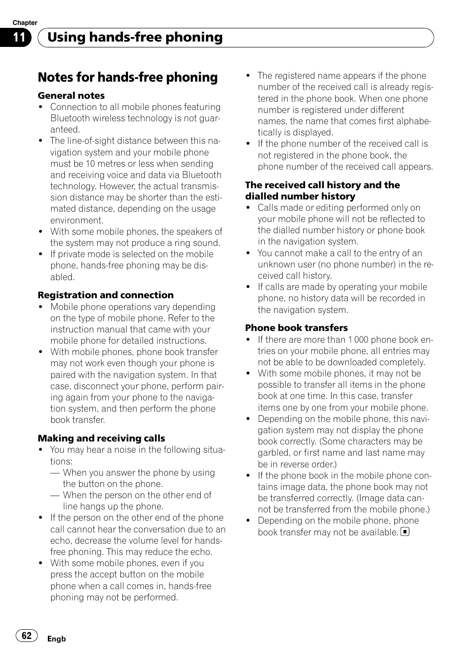 Notes for hands-free phoning, Notes for hands-free, Using hands-free phoning | Pioneer AVIC-F10BT User Manual | Page 62 / 172