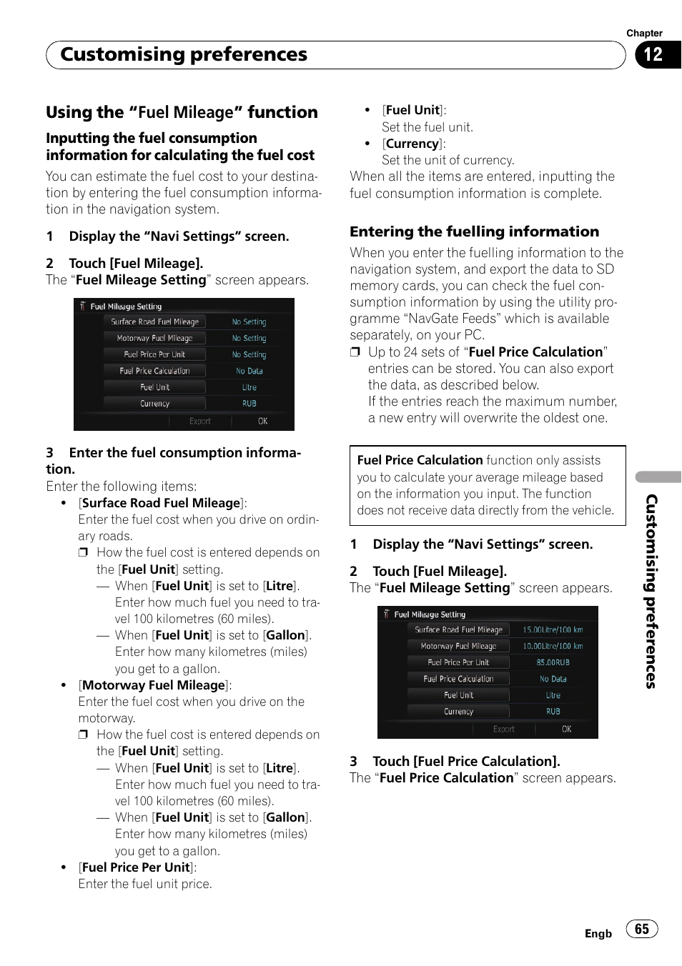 Using the “fuel mileage” function 65, Customising preferences, Using the “fuel mileage” function | Pioneer AVIC-F10BT User Manual | Page 65 / 172