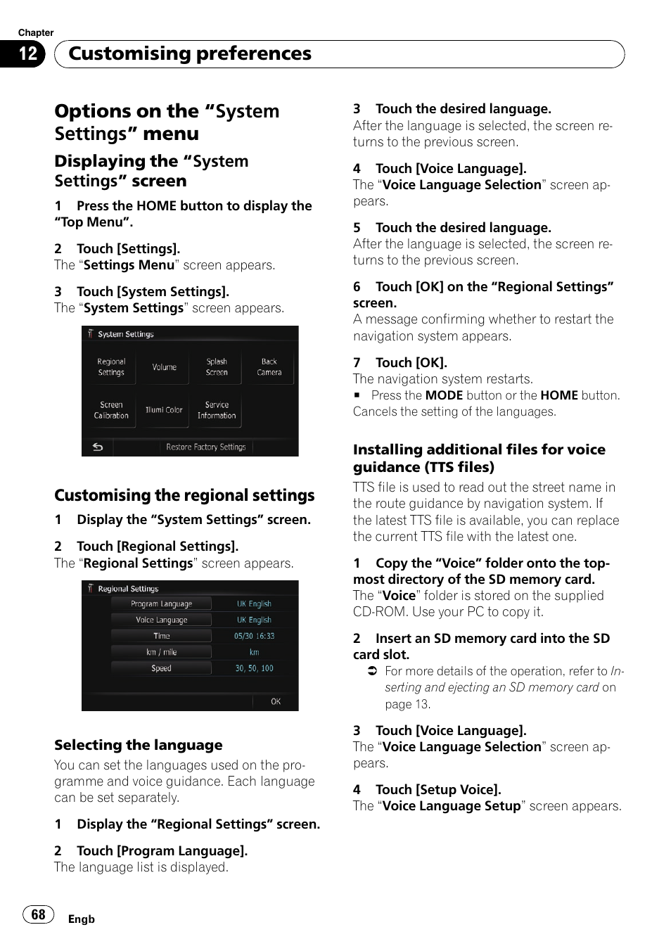 Options on the, System settings” menu 68, Displaying the “system settings | Screen, Customising the regional settings 68, Options on the “system settings ” menu, Customising preferences | Pioneer AVIC-F10BT User Manual | Page 68 / 172