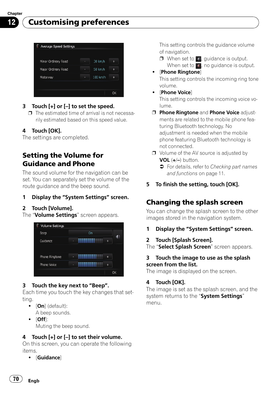 Setting the volume for guidance and, Phone, Changing the splash screen 70 | Customising preferences, Setting the volume for guidance and phone, Changing the splash screen | Pioneer AVIC-F10BT User Manual | Page 70 / 172