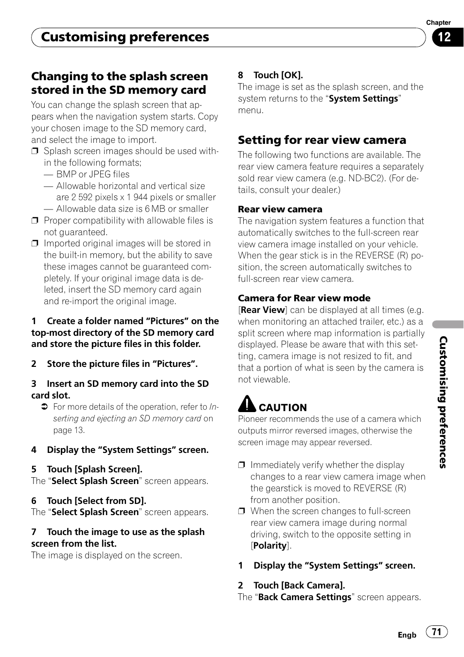 Changing to the splash screen stored, In the sd memory card, Setting for rear view camera 71 | Customising preferences, Setting for rear view camera | Pioneer AVIC-F10BT User Manual | Page 71 / 172