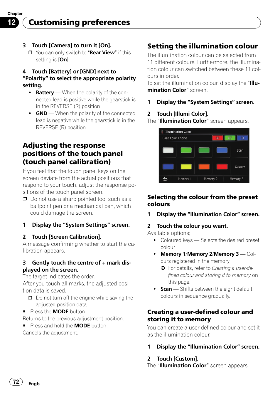 Adjusting the response positions of the, Touch panel (touch panel calibration), Setting the illumination colour 72 | Customising preferences, Setting the illumination colour | Pioneer AVIC-F10BT User Manual | Page 72 / 172