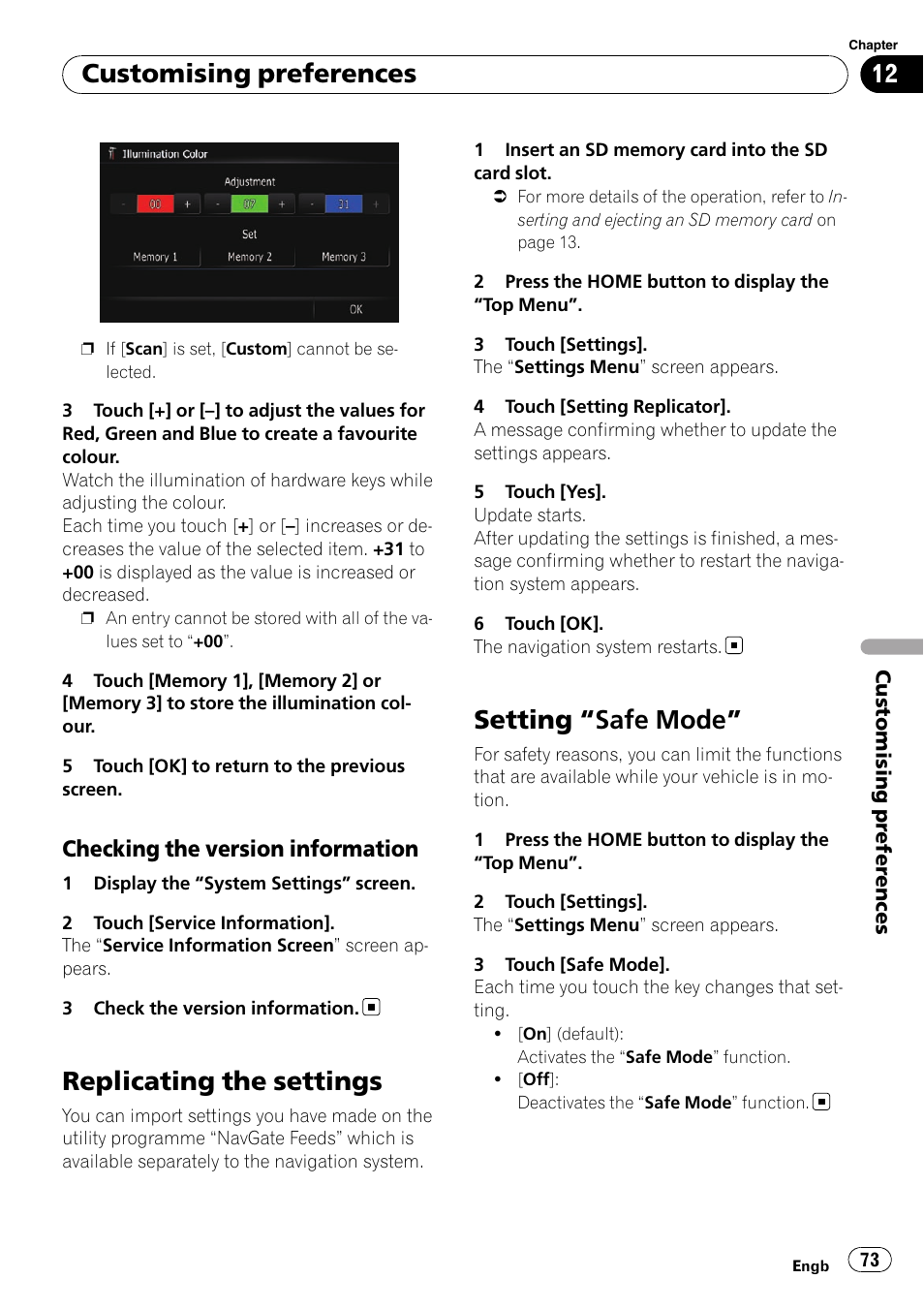 Checking the version information 73, Replicating the settings, Setting | Safe mode” 73, Setting “safe mode, Customising preferences, Checking the version information | Pioneer AVIC-F10BT User Manual | Page 73 / 172