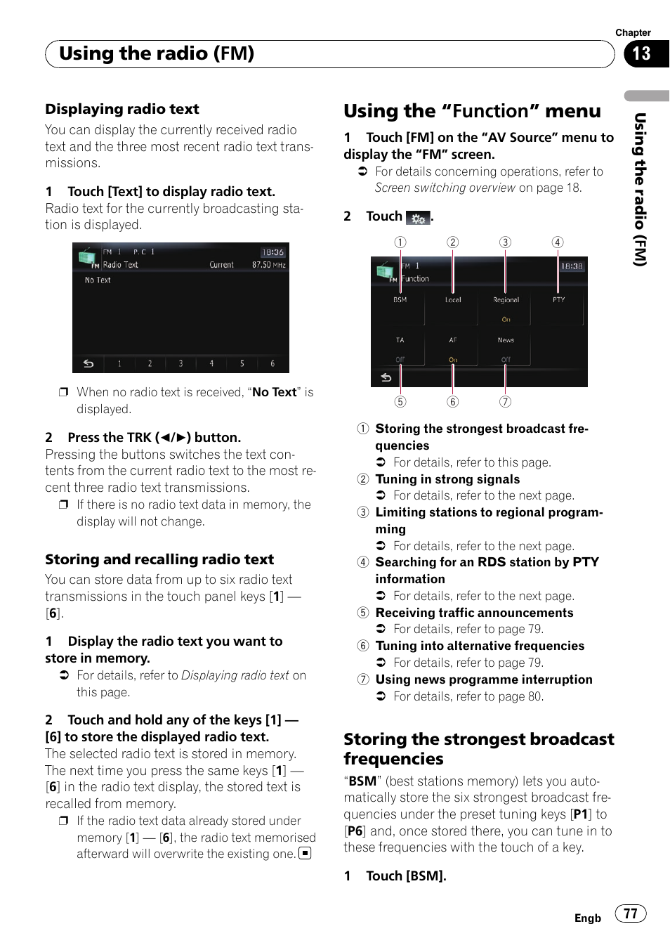 Using the, Function” menu 77, Storing the strongest broadcast | Frequencies, Using the “function” menu, Using the radio (fm), Storing the strongest broadcast frequencies | Pioneer AVIC-F10BT User Manual | Page 77 / 172